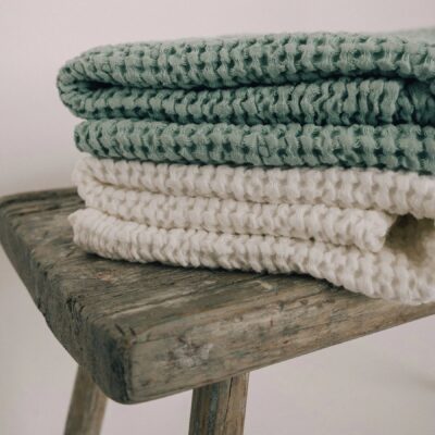 Premium Badetücher-Set 2-tlg. 54% Leinen 46% Baumwolle Weiß Türkis 150×80 cm